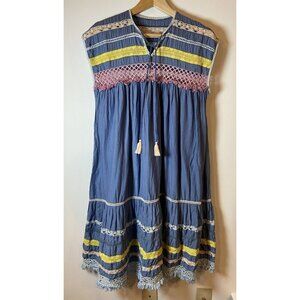Carolina K Santana Dress Silk Blend Crochet Blue Pink Yellow XS